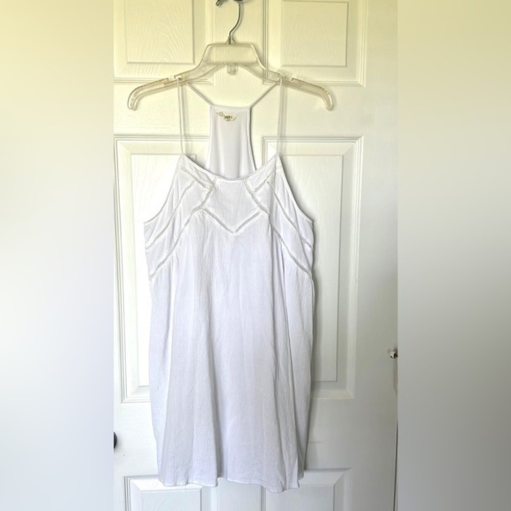 My Label White Crinkled Cotton racer back spaghetti strap mini dress. Size large
